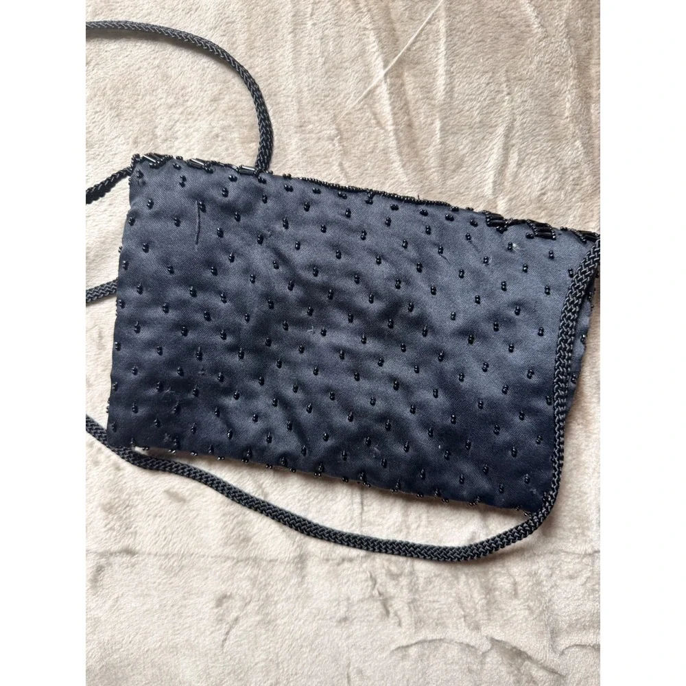 La Regale Ltd Vintage Black Beaded Satin Evening‎ Bag Crossbody Retro Whimsigoth